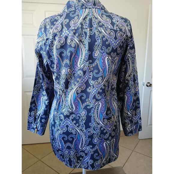 Chicos Women's Tunic Blouse Size 2 L Paisley Blue Purple Button Up Long Sleeve - Picture 3 of 15